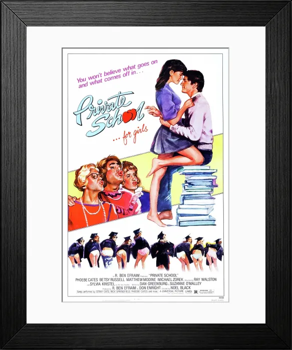 Framed Print : PRIVATE SCHOOL, US poster, face to face from left: Phoebe Cates, Matthew Modine, 1983, Universal / courtesy Everett Collection