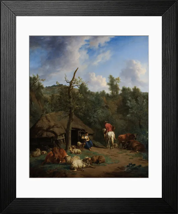 Framed Print : The Hut, by Adriaen van de Velde, 1671, Dutch painting, oil on canvas. Hilly Italian landscape with a barefoot young woman at the entrance to a shepherd's hut Framed Print : The Hut, by Adriaen van de Velde, 1671, Dutch painting, oil on canvas. Hilly Italian landscape with a barefoot young woman at the entrance to a shepherd's hut