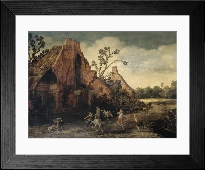 Framed Print : The Robbery, by Esaias van de Velde, 1616, Dutch painting, oil on panel. From a dilapidated farmhouse, two riders attacked by four robbers