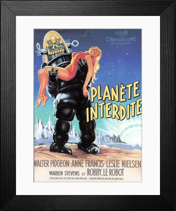 Framed Print : FORBIDDEN PLANET, Robby the Robot holding Anne Francis on French poster art, 1956