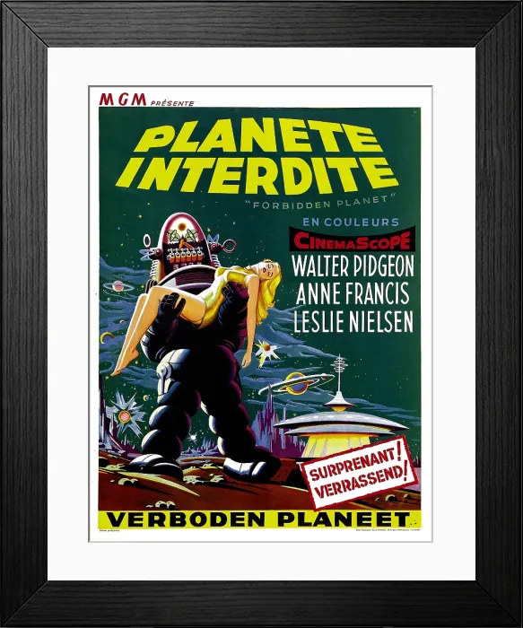 Framed Print : FORBIDDEN PLANET, (aka PLANETE INTERDITE), Belgian poster art, Robby the Robot, Anne Francis. 1956