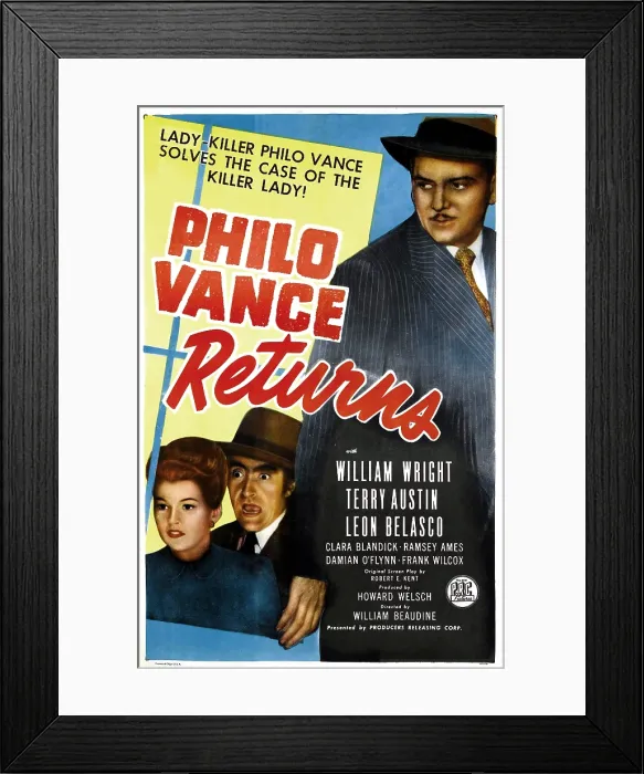 Framed Print : PHILO VANCE RETURNS, US poster, from left: Vivian Austin, William Wright, Leon Belasco, 1947
