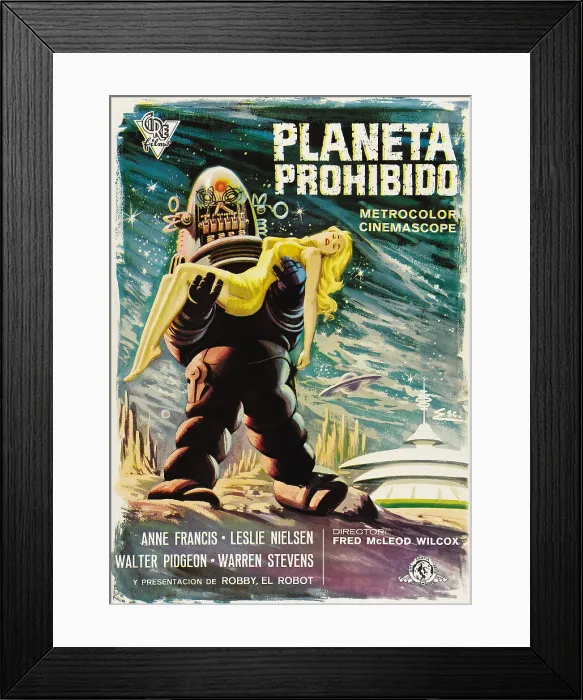 Framed Print : FORBIDDEN PLANET, (aka PLANETA PROHIBIDO), from top: Robby the Robot, Anne Francis, on Spanish poster art, 1956 Framed Print : FORBIDDEN PLANET, (aka PLANETA PROHIBIDO), from top: Robby the Robot, Anne Francis, on Spanish poster art, 1956