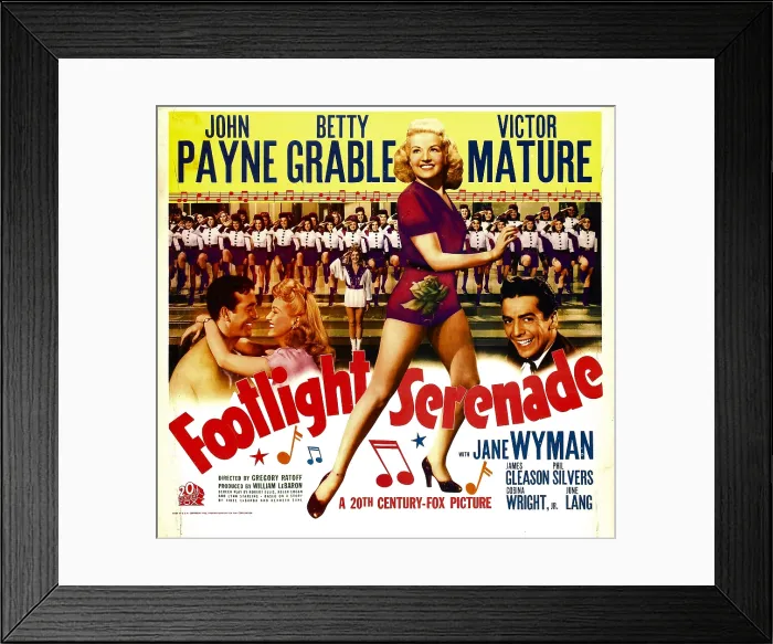 Framed Print : FOOTLIGHT SERENADE, from left: John Payne, Betty Grable, Victor Mature on window card, 1942, TM and Copyright 20th Century Fox Film Corp