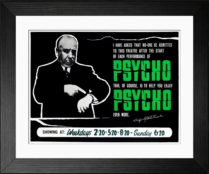 Framed Print : PSYCHO, director Alfred Hitchcock on a British quad, 1960