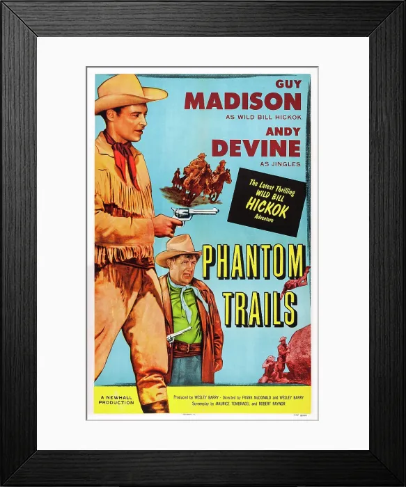 Framed Print : PHANTOM TRAILS, US poster, from left: Guy Madison as Wild Bill Hickok, Andy Devine, 1955