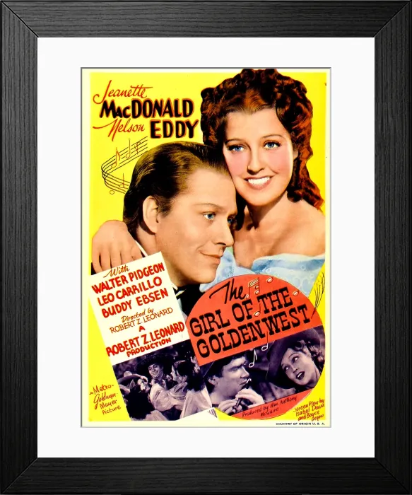 Framed Print : THE GIRL OF THE GOLDEN WEST, top from left: Nelson Eddy, Jeanette Macdonald on midget window card, 1938 Framed Print : THE GIRL OF THE GOLDEN WEST, top from left: Nelson Eddy, Jeanette Macdonald on midget window card, 1938