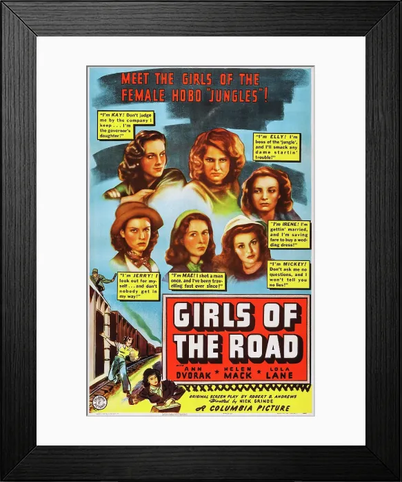Framed Print : GIRLS OF THE ROAD, US poster, top left clockwise: Ann Dvorak, Lola Lane, Marjorie Cooley, Helen Mack, Ann Doran, Mary Field, US poster, 1940 Framed Print : GIRLS OF THE ROAD, US poster, top left clockwise: Ann Dvorak, Lola Lane, Marjorie Cooley, Helen Mack, Ann Doran, Mary Field, US poster, 1940