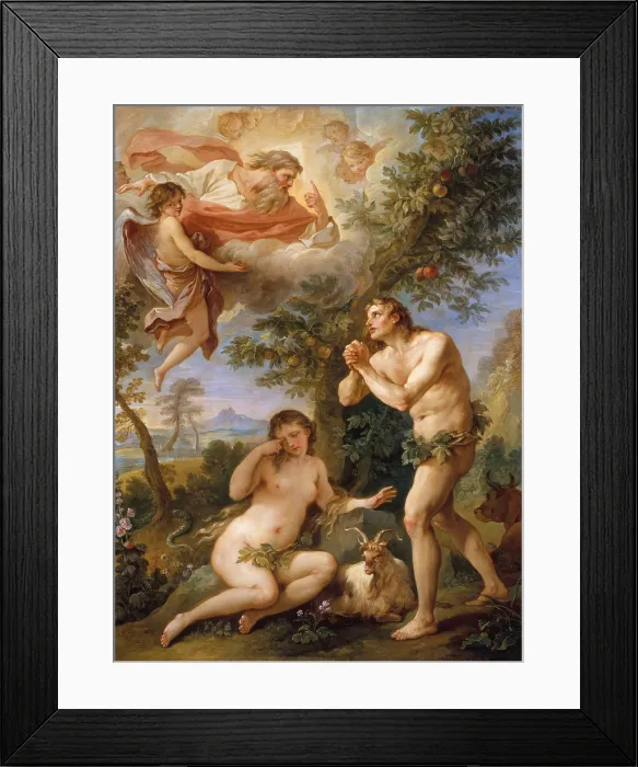Framed Print : THE REBUKE OF ADAM AND EVE, by Charles Joseph Natoire, 1740, French painting, oil on copper. God the Father is clearly depicted, scolding a penitent Adam as Eve weeps