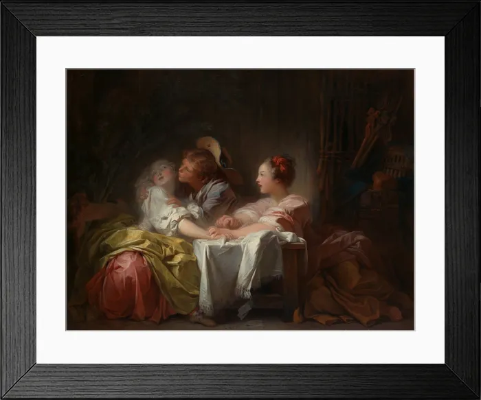 Framed Print : THE STOLEN KISS, by Jean Honore Fragonard, 1760, French painting, oil on canvas. This genre painting with three figures creates romantic drama among the characters