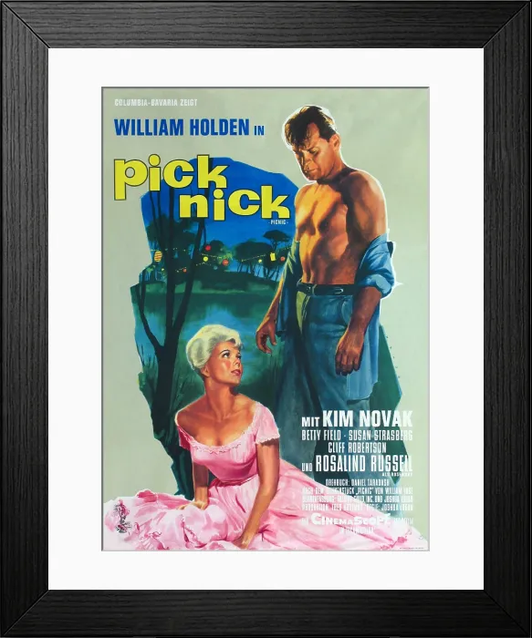 Framed Print : PICNIC, (aka PICKNICK), l-r: Kim Novak, William Holden on German poster art, 1955
