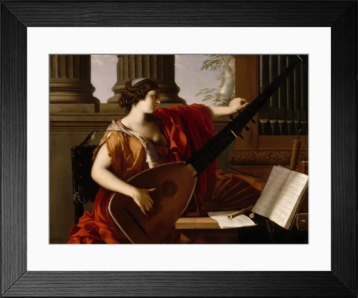 Framed Print : ALLEGORY OF MUSIC, by Laurent de La Hyre, 1649, French painting, oil on canvas. With a songbird on her shoulder, a female figure tunes a theorbo, a form of lute Framed Print : ALLEGORY OF MUSIC, by Laurent de La Hyre, 1649, French painting, oil on canvas. With a songbird on her shoulder, a female figure tunes a theorbo, a form of lute