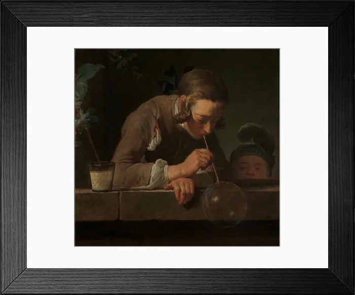 Framed Print : SOAP BUBBLES, by Jean Simeon Chardin, 1733-34, French painting, oil on canvas. A teenage young man blows a soap bubble by a window as a younger child stretches up to watch Framed Print : SOAP BUBBLES, by Jean Simeon Chardin, 1733-34, French painting, oil on canvas. A teenage young man blows a soap bubble by a window as a younger child stretches up to watch