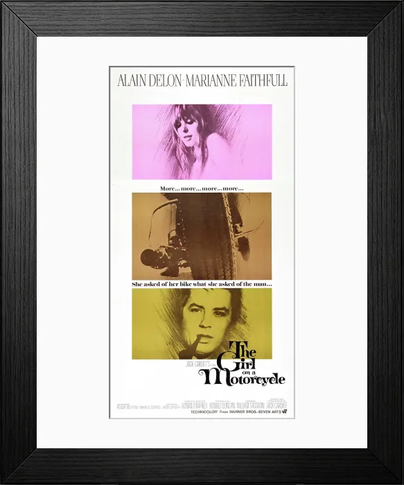 Framed Print : THE GIRL ON A MOTORCYCLE, (aka NAKED UNDER LEATHER), Marianne Faithfull (top), Alain Delon (bottom), 1968