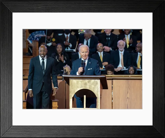 Framed Print : President Joe Biden delivers a 25 minute sermon at New Horizon Sanctuary of the Ebenezer Baptist Church, on Martin Luther Kings birthday, Jan. 15, 2023, in Atlanta, Georgia