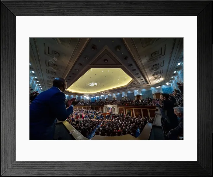 Framed Print : View President Joe Biden delivering his State of the Union address, Feb. 7, 2023, as seen from the far gallery of the House Chamber of the US Capitol in Washington, DC Framed Print : View President Joe Biden delivering his State of the Union address, Feb. 7, 2023, as seen from the far gallery of the House Chamber of the US Capitol in Washington, DC