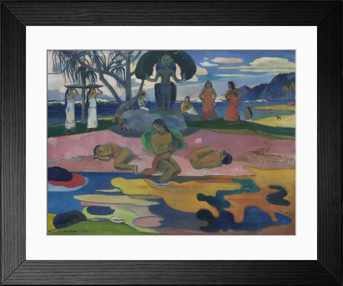 Framed Print : Mahana no atua (Day of the God), 1894, by Paul Gauguin, 1848-1903, French Post-Impressionist, painting, oil on linen canvas Framed Print : Mahana no atua (Day of the God), 1894, by Paul Gauguin, 1848-1903, French Post-Impressionist, painting, oil on linen canvas