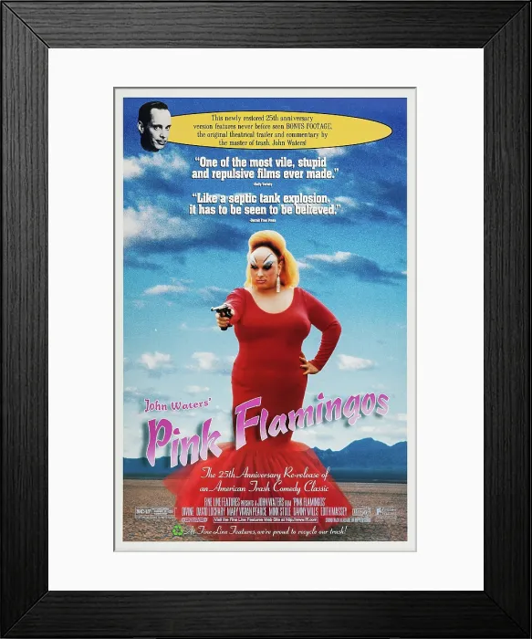 Framed Print : PINK FLAMINGOS, US poster for 25th anniversary, John Waters (top), Divine, 1972