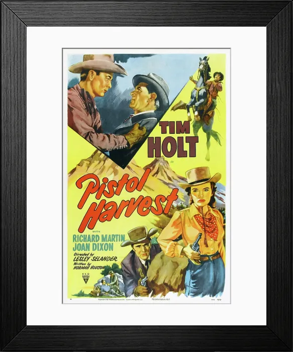 Framed Print : PISTOL HARVEST, US poster, top from left: Tim Holt, Mauritz Hugo, bottom from left: Richard Martin, Joan Dixon, 1951 Framed Print : PISTOL HARVEST, US poster, top from left: Tim Holt, Mauritz Hugo, bottom from left: Richard Martin, Joan Dixon, 1951