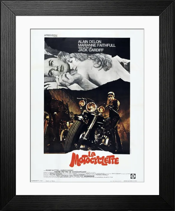 Framed Print : THE GIRL ON A MOTORCYCLE, (aka LA MOTOCYCLETTE), French poster, from left: Alain Delon, Marianne Faithfull, 1968 Framed Print : THE GIRL ON A MOTORCYCLE, (aka LA MOTOCYCLETTE), French poster, from left: Alain Delon, Marianne Faithfull, 1968