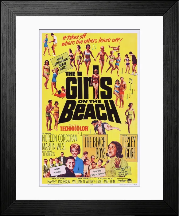 Framed Print : THE GIRLS ON THE BEACH, US poster art, bottom from left: The Crickets, Martin West, Noreen Corcoran, The Beach Boys, Lesley Gore, 1965 Framed Print : THE GIRLS ON THE BEACH, US poster art, bottom from left: The Crickets, Martin West, Noreen Corcoran, The Beach Boys, Lesley Gore, 1965