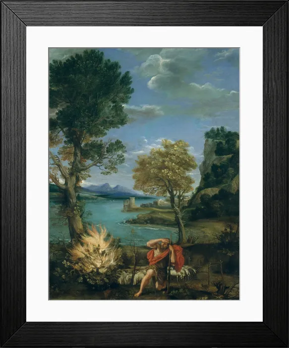Framed Print : LANDSCAPE WITH MOSES AND THE BURNING BUSH, by Domenichino, 1610-16, Italian painting, oil on copper. Moses as a shepherd, shielding his eyes from the glare of the burning bush