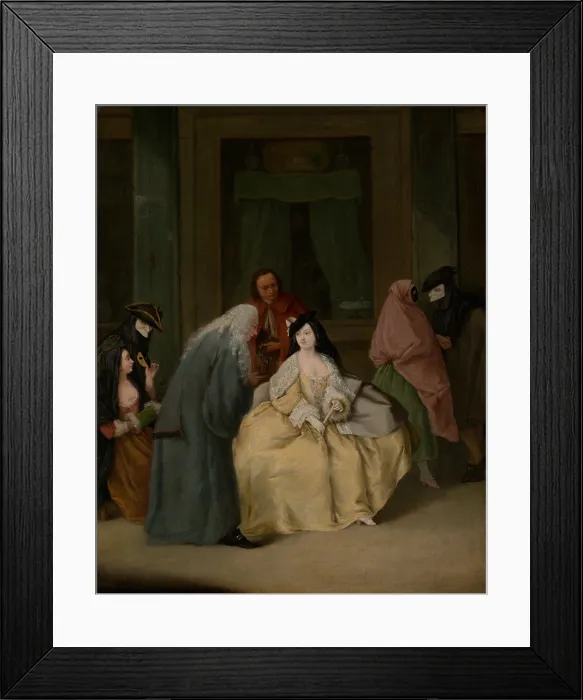 Framed Print : THE MEETING, by Pietro Longhi, 1746, Italian painting, oil on canvas. Venetian scene during Carnival in which a gentleman invites the lady, into the theater