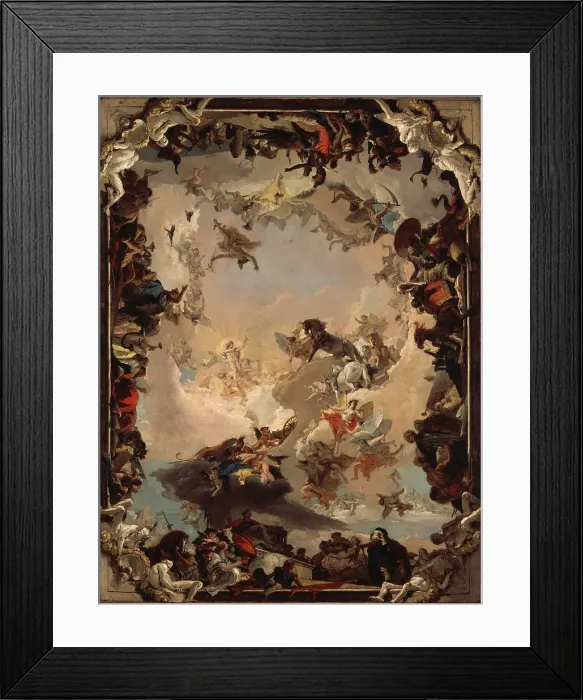 Framed Print : ALLEGORY OF THE PLANETS AND CONTINENTS, by Giovanni Battista Tiepolo, 1752, Italian oil painting. Fantastic scene of Apollo embarking on his daily course across the sky