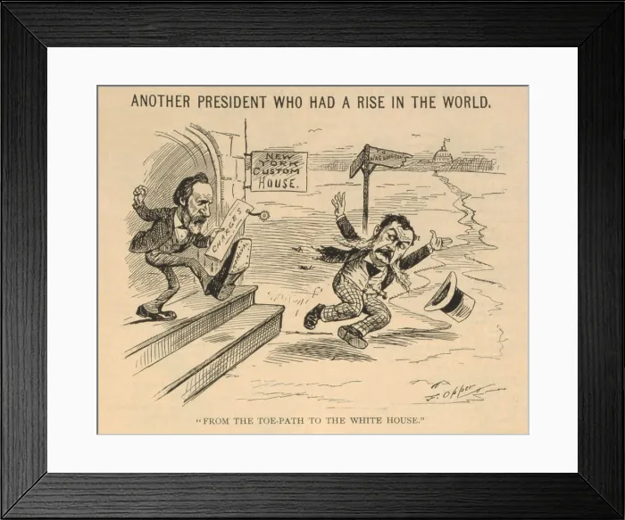 Framed Print : Political cartoon showing Chester Arthur kicked out of the New York Custom House by President Hayes