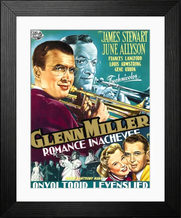 Framed Print : THE GLENN MILLER STORY, (aka ROMANCE INACHEVEE), topl-r: James Stewart as Glenn Miller, Glenn Miller, bottom l-r: June Allyson, James Stewart on Belgian poster art, 1954