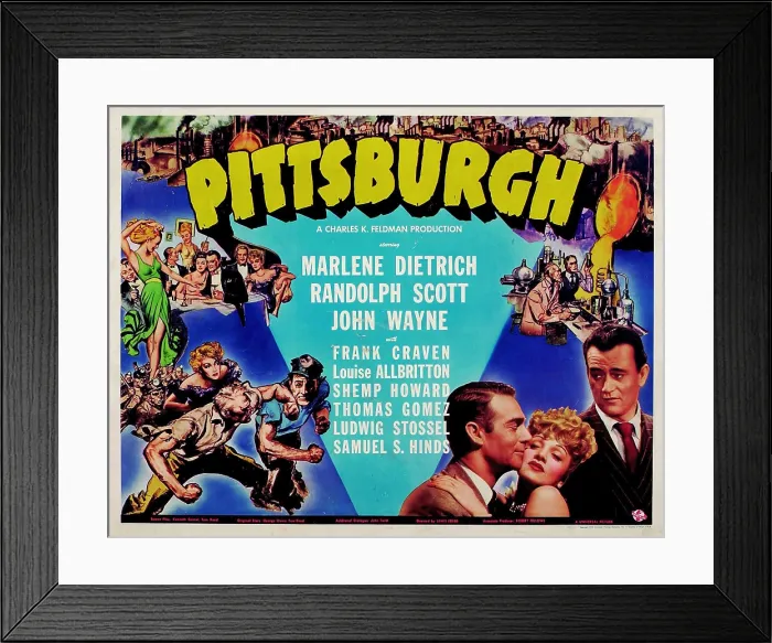 Framed Print : PITTSBURGH, bottom right from left: Randolph Scott, Marlene Dietrich, John Wayne, 1942