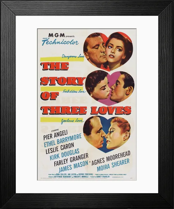 Framed Print : THE STORY OF THREE LOVES, US poster, top from left: Kirk Douglas, Pier Angeli, center from left: Leslie Caron, Farley Granger, bottom from left: James Mason, Moira Shearer, 1954