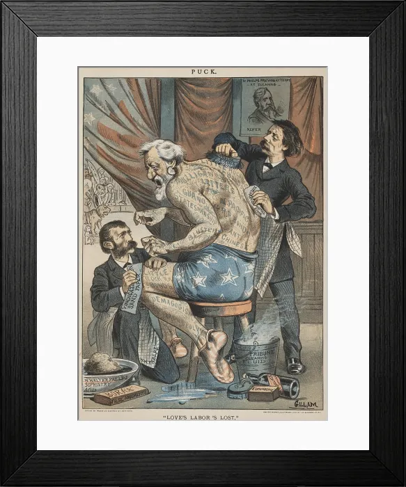 Framed Print : LOVE'S LABOR LOST, political cartoon from PUCK Magazine, May 7, 1884. Republican Presidential candidate, James Blaine, sitting on a stool while Whitelaw Reid and William W Framed Print : LOVE'S LABOR LOST, political cartoon from PUCK Magazine, May 7, 1884. Republican Presidential candidate, James Blaine, sitting on a stool while Whitelaw Reid and William W