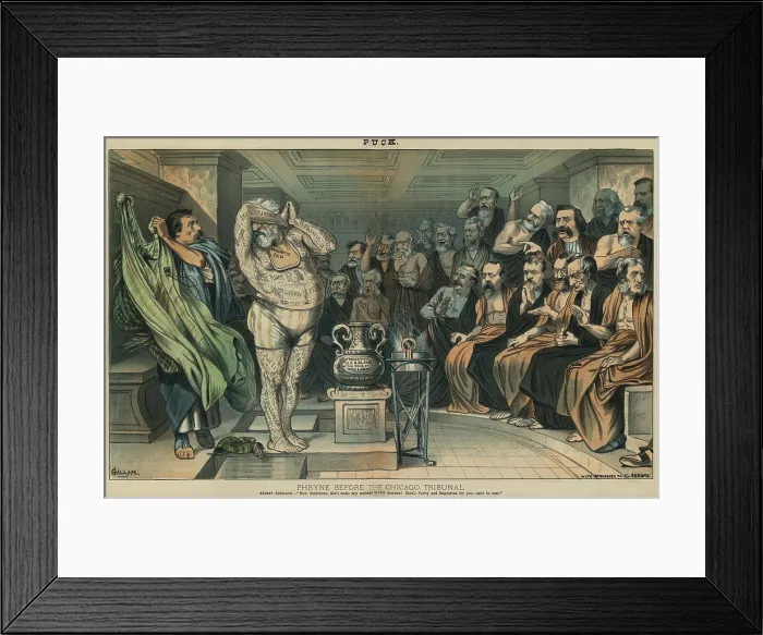 Framed Print : PHRYNE BEFORE THE CHICAGO TRIBUNAL, with apologies the J.L. Gerome, PUCK Magazine, June 4, 1884 Framed Print : PHRYNE BEFORE THE CHICAGO TRIBUNAL, with apologies the J.L. Gerome, PUCK Magazine, June 4, 1884