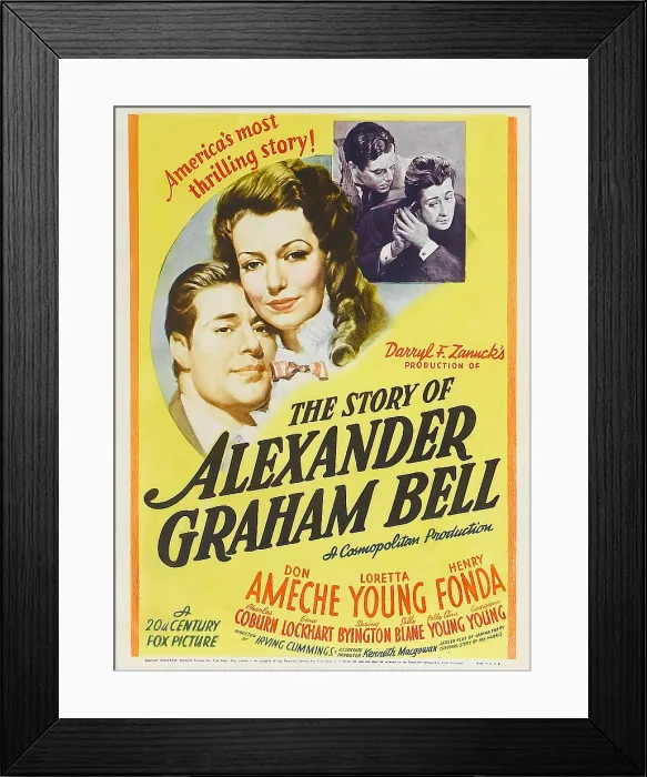 Framed Print : THE STORY OF ALEXANDER GRAHAM BELL, from left: Don Ameche, Loretta Young, top right from left: Henry Fonda, Don Ameche, on midget window card, 1939