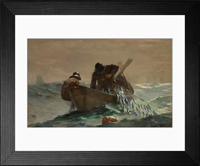 Framed Print : The Herring Net, 1885, by Winslow Homer, 1836-1910, American, realist painting, oil on canvas. Two fishermen haul a net of herring into their small row boat