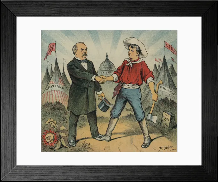Framed Print : A UNIT. Cover illustration of PUCK Magazine, June 25, 1884. Democratic Presidential Candidate Grover Cleveland shaking hands with a figure labeled Independent Voter Framed Print : A UNIT. Cover illustration of PUCK Magazine, June 25, 1884. Democratic Presidential Candidate Grover Cleveland shaking hands with a figure labeled Independent Voter