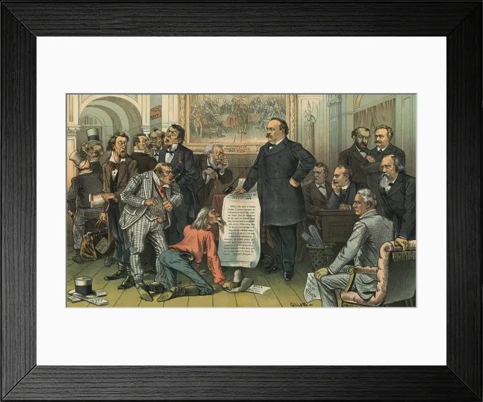 Framed Print : A NEW DECLARATION OF INDEPENDENCE IN THE YEAR 1885. Political cartoon from PUCK Magazine, July 1, 1885