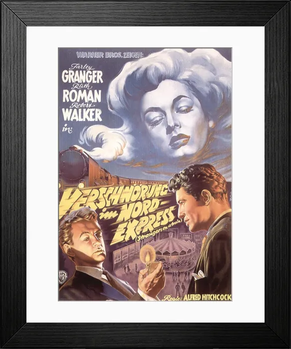 Framed Print : STRANGERS ON A TRAIN, (aka VERSCHWORUNG IM NORDEXPRESS), top: Ruth Roman, bottom l-r: Farley Granger, Robert Walker on German poster art, 1951 Framed Print : STRANGERS ON A TRAIN, (aka VERSCHWORUNG IM NORDEXPRESS), top: Ruth Roman, bottom l-r: Farley Granger, Robert Walker on German poster art, 1951