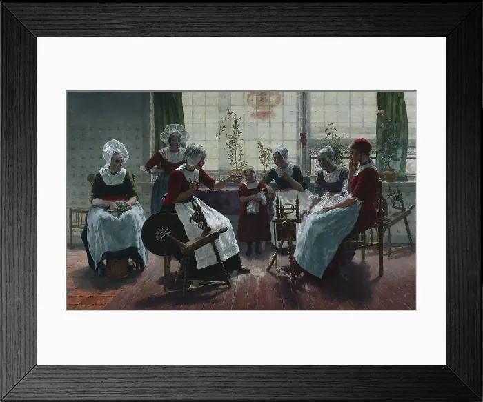 Framed Print : The Ghost Story, 1887, by Walter McEwen, 1860-1943, depicts a storyteller in a prosperous peasants dwelling, where the women spin and prepare food