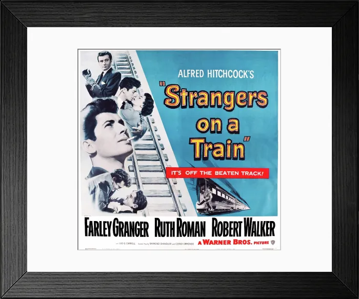 Framed Print : STRANGERS ON A TRAIN, US poster art, from top left: Robert Walker, Farley Granger, Ruth Roman, Farley Granger, Robert Walker, Farley Granger, 1951