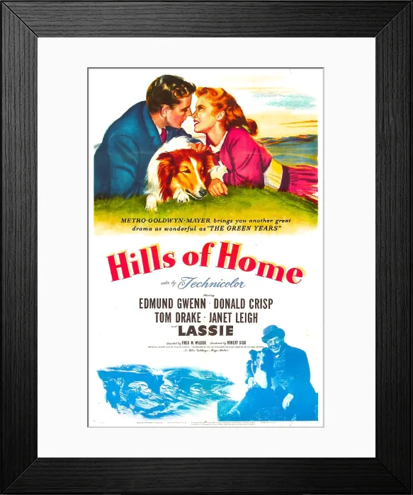 Framed Print : HILLS OF HOME, US poster, top from left: Tom Drake, Lassie (aka Pal), Janet Leigh, bottom right: Lassie, Edmund Gwenn, 1948