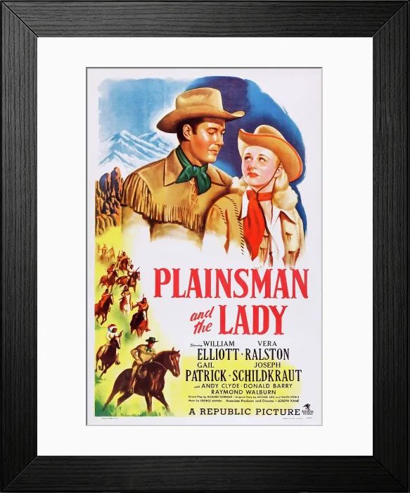 Framed Print : PLAINSMAN AND THE LADY, US poster art, from left: Bill Elliott, Vera Ralston, 1946