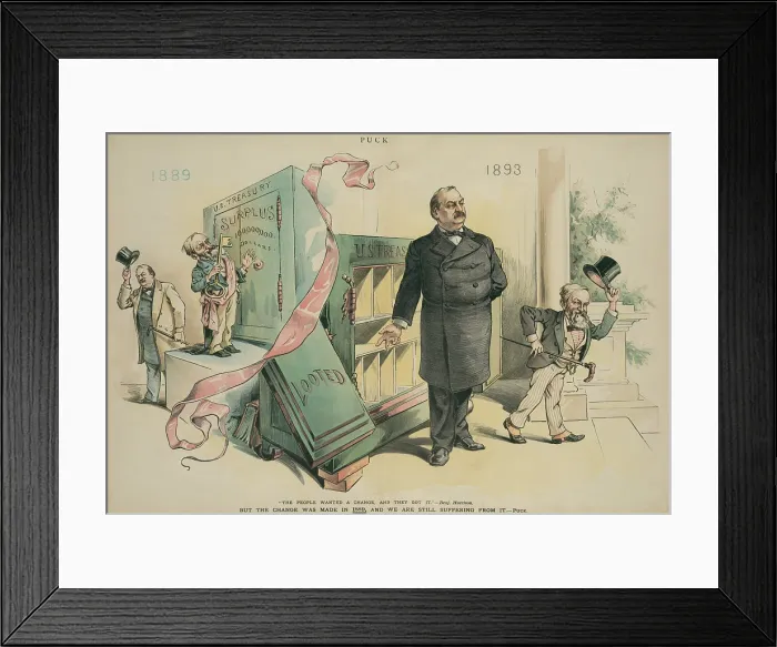 Framed Print : THE PEOPLE WANTED CHANGE AND THEY GOT IT, PUCK Magazine, Aug. 23, 1893, political cartoon. On the left, outgoing Pres