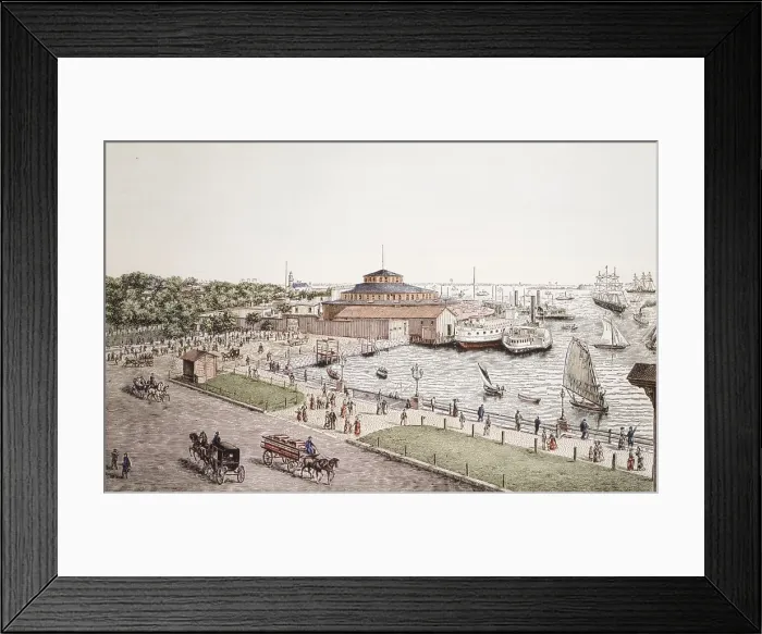 Framed Print : View of Castle Garden in New York Harbor c. 1850-1890. Ferry boats delivered passengers from their ocean crossing ships to the government immigrant station
