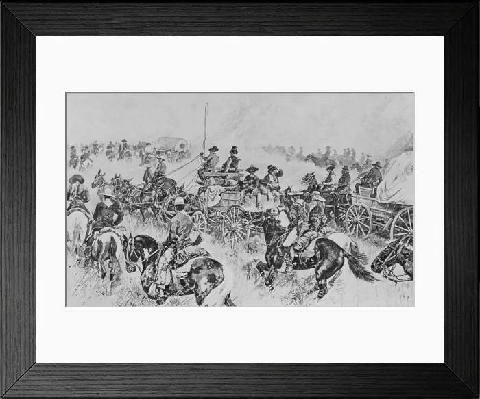 Framed Print : Boomers racing to stake claims on 160 acre of free government land in Oklahoma Territory