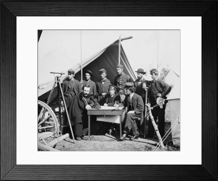 Framed Print : Allan Pinkerton, head of the Union Intelligence Service, joins a meeting of Army of the Potomac Topographical engineers near Yorktown, May 2, 1862 Framed Print : Allan Pinkerton, head of the Union Intelligence Service, joins a meeting of Army of the Potomac Topographical engineers near Yorktown, May 2, 1862