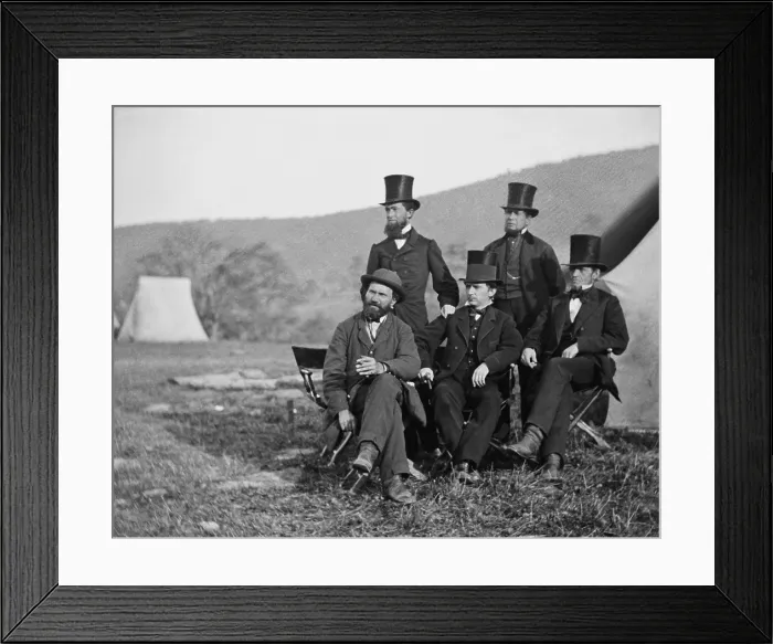 Framed Print : Major Allan Pinkerton, head of the Union spy agency called The Secret Service with four top hatted gentlemen, at Antietam, Oct. 3, 1862 Framed Print : Major Allan Pinkerton, head of the Union spy agency called The Secret Service with four top hatted gentlemen, at Antietam, Oct. 3, 1862