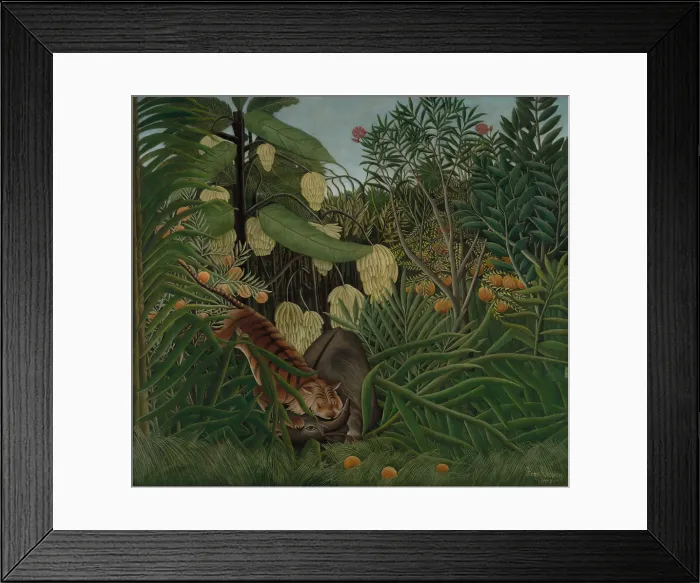 Framed Print : Fight between a Tiger and a Buffalo, 1908, by Henri Rousseau, 1844-1910, French painting, oil on canvas. A tiger holds an wild buffalo by the neck in a tropical jungle