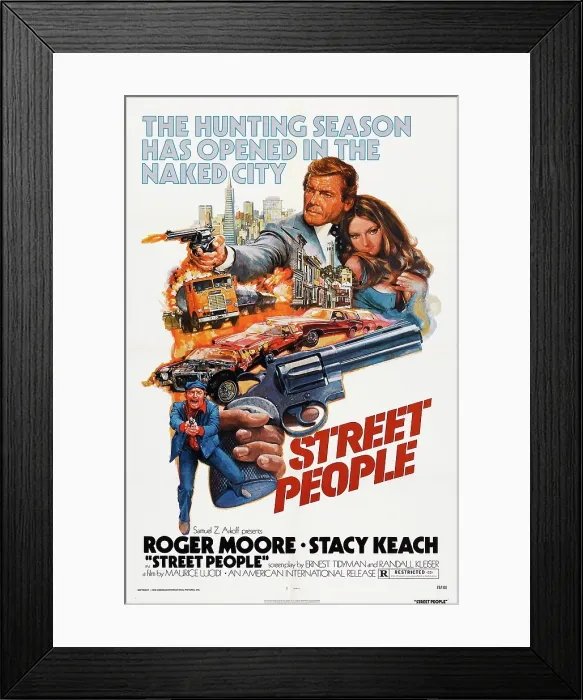Framed Print : STREET PEOPLE, (aka GLI ESECUTON), US poster, Roger Moore (top left), Stacy Keach (bottom), 1976 Framed Print : STREET PEOPLE, (aka GLI ESECUTON), US poster, Roger Moore (top left), Stacy Keach (bottom), 1976
